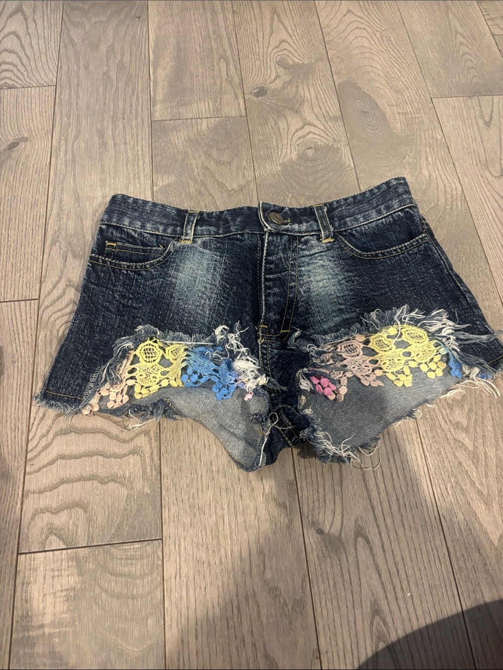 Girls Flowers by Zoe Dark Denim Shorts with Multicolor Floral Lace